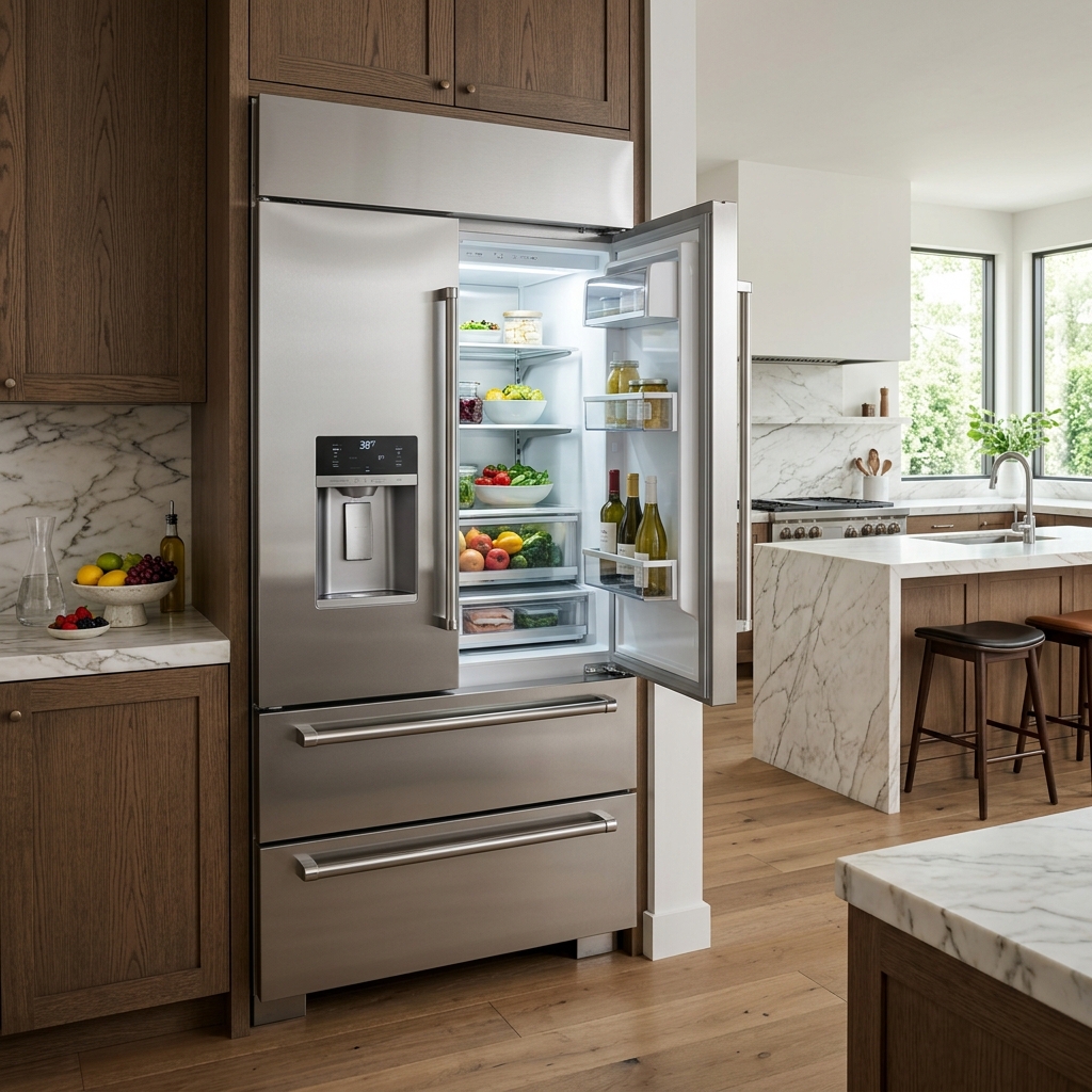 Premium French door refrigerator with dual ice makers and adjustable shelving