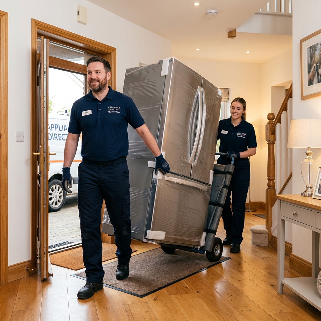 Professional Refrigerator City NJ delivery team installing a new refrigerator in a customer's home