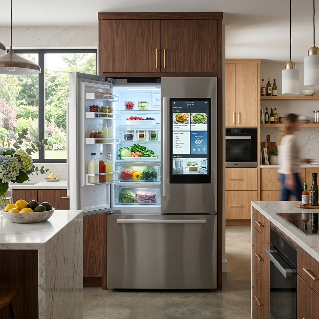 Smart WiFi-enabled refrigerator with touchscreen display and app connectivity